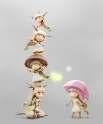 Rule 34 | 0 0, 6+girls, :&gt;, :d, barefoot, blue eyes, blunt bangs, closed eyes, commentary request, dress, fairy, grey background, highres, holding, holding umbrella, horns, hotaru (htol#niq), htol#niq: hotaru no nikki, human tower, jitome, long hair, looking at another, lying, mion (htol#niq), multiple girls, mushroom hat, nekoita, on head, on stomach, open mouth, outstretched arms, pink umbrella, rabbit, sitting, sleeveless, sleeveless dress, smile, spread arms, stacking, standing, standing on one leg, umbrella, very long hair, white dress, white hair