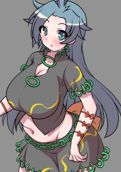 Rule 34 | 1girl, :o, arm strap, back bow, blue eyes, blue hair, blush, bow, breasts, chain, cleavage, commentary request, cowboy shot, emina, green shirt, green skirt, grey background, highres, himemushi momoyo, jewelry, large breasts, midriff, navel, one-hour drawing challenge, orange bow, orange ribbon, plump, ribbon, ring, shirt, short sleeves, simple background, skirt, stomach, touhou