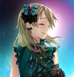 Rule 34 | 1girl, alternate hairstyle, arm garter, ascot, backlighting, black gloves, bow, bow earrings, brooch, collar, commentary request, diffraction spikes, dress, earrings, closed eyes, frilled collar, frilled sleeves, frills, gloves, green dress, hair bow, hair down, idolmaster, idolmaster cinderella girls, idolmaster cinderella girls starlight stage, interlocked fingers, jewelry, key, key necklace, lace, lace-trimmed gloves, lace trim, light brown hair, long hair, morikubo nono, necklace, parted lips, short sleeves, signature, smile, solo, sparkle, striped, striped bow, upper body