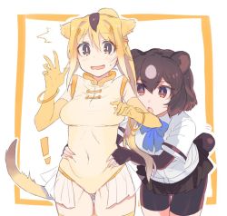 Rule 34 | !, ^^^, 10s, 2girls, animal ears, bangle, bear ears, bear tail, bike shorts, black gloves, black hair, blonde hair, bracelet, breasts, bright pupils, brown bear (kemono friends), brown eyes, covered navel, cow (shadow), elbow gloves, fingerless gloves, gloves, gluteal fold, golden snub-nosed monkey (kemono friends), jewelry, kemono friends, leaning forward, leotard, long hair, medium breasts, monkey ears, monkey tail, motion lines, multiple girls, pinching, pleated skirt, ponytail, short hair, skirt, tail, tail wagging, thigh gap, thighhighs, white pupils, yellow legwear