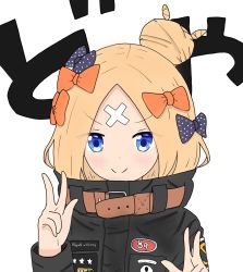 Rule 34 | &gt;:), 1girl, abigail williams (fate), abigail williams (traveling outfit) (fate), atsumisu, text background, bad id, bad pixiv id, black bow, black jacket, blonde hair, blue eyes, bow, character name, closed mouth, commentary request, crossed bandaids, double w, fate/grand order, fate (series), hair bow, hair bun, hands up, heroic spirit traveling outfit, highres, jacket, long hair, long sleeves, hugging object, official alternate costume, orange bow, parted bangs, polka dot, polka dot bow, simple background, single hair bun, sleeves past fingers, sleeves past wrists, smile, solo, star (symbol), stuffed animal, stuffed toy, teddy bear, translation request, v-shaped eyebrows, w, white background