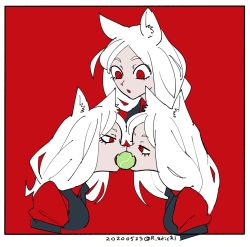 Rule 34 | 3girls, animal ears, ball, breasts, cerberus (helltaker), dog ears, dog girl, fang, helltaker, in mouth, long hair, mado (mukade tou), multiple girls, open mouth, parted bangs, red background, red eyes, tennis ball, vest, waistcoat, white hair