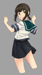 Rule 34 | 1girl, :d, akitetsu, bad id, bad twitter id, black skirt, brown hair, cropped legs, from behind, fubuki (kancolle), green eyes, grey background, highres, kantai collection, looking back, open mouth, parody, pleated skirt, school uniform, serafuku, short hair, short ponytail, short sleeves, simple background, skirt, smile, solo, style parody