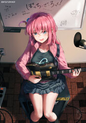 Rule 34 | 1girl, absurdres, artist name, black shirt, black socks, blue eyes, blush, bocchi the rock!, commentary, cube hair ornament, electric plug, electrical outlet, english commentary, gotoh hitori, grey skirt, hair between eyes, hair ornament, hair over eyes, highres, holding, holding instrument, indoors, instrument, jacket, kneehighs, knightfang, long hair, long sleeves, looking at viewer, looking up, microphone, music, one side up, open mouth, partially unzipped, pink hair, pink jacket, playing instrument, pleated skirt, shadow, shirt, sitting, skirt, socks, solo, speaker, t-shirt, thighs, track jacket, translation request, twitter username, watermark, whiteboard