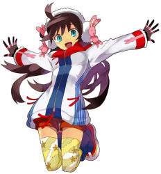 Rule 34 | 1girl, 2no, ahoge, beret, gloves, green eyes, hat, jacket, long hair, long sleeves, looking at viewer, miniskirt, ninomoto, open hands, original, outstretched arms, rabbit, red skirt, skirt, solo, thighhighs, very long hair, yellow thighhighs, zettai ryouiki, zipper