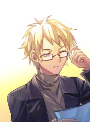 Rule 34 | 1boy, adjusting eyewear, atou haruki, black jacket, blonde hair, brown sweater, chinese commentary, commentary request, fengtian (artist), glasses, gradient background, highres, holding, holding paper, jacket, long sleeves, male focus, one eye closed, open clothes, open jacket, paper, rectangular eyewear, red-framed eyewear, red eyes, ribbed sweater, saibou shinkyoku, short hair, solo, sweater, turtleneck, turtleneck sweater