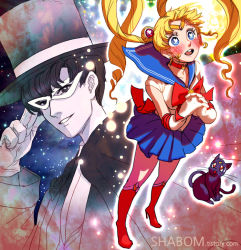 Rule 34 | 1990s (style), 1boy, 1girl, artist name, bad id, bad pixiv id, bishoujo senshi sailor moon, blonde hair, blue sailor collar, blue skirt, blush, boots, bow, cat, chiba mamoru, choker, domino mask, gloves, own hands clasped, hat, heart, heart-shaped pupils, hetero, knee boots, luna (sailor moon), magical boy, mask, own hands together, red bow, red footwear, sailor collar, sailor moon, shabomu, shoes, skirt, symbol-shaped pupils, tiara, top hat, tsukino usagi, tuxedo kamen, twintails, watermark, web address, white gloves