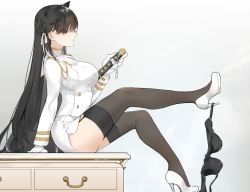 1girl aiguillette atago_(azur_lane) azur_lane black_bra black_hair black_thighhighs bra unworn_bra brown_eyes closed_mouth drawer from_side full_body garter_straps gloves gradient_background grey_background hand_on_sheath leg_up long_hair long_sleeves looking_at_viewer looking_to_the_side military military_uniform miniskirt neko_(ganecooo) sheath sheathed shelf side_slit sideways_glance sitting skirt smile solo sword thighhighs underwear uniform very_long_hair weapon white_footwear white_gloves white_skirt