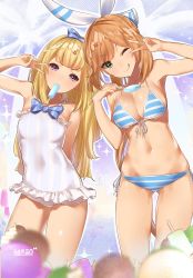 Rule 34 | 10s, 2girls, ;q, anger vein, bikini, blonde hair, bow, breasts, cagliostro (granblue fantasy), clarisse (granblue fantasy), cleavage, contrapposto, false smile, food, frilled swimsuit, frills, front-tie bikini top, front-tie top, gluteal fold, granblue fantasy, green eyes, hair bow, highres, light brown hair, long hair, looking at viewer, mouth hold, multiple girls, one-piece swimsuit, one eye closed, ponytail, popsicle, purple eyes, side-tie bikini bottom, smile, standing, striped bikini, striped clothes, swimsuit, tongue, tongue out, v, vertical-striped bikini, vertical-striped clothes, yaman (yamanta lov)