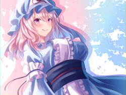 Rule 34 | 1girl, blue hat, blue kimono, blue ribbon, breasts, eyes visible through hair, floral background, frilled shirt collar, frills, hair behind ear, hat, highres, holding, japanese clothes, kimono, large breasts, long sleeves, looking at viewer, medium hair, mob cap, pink eyes, pink hair, red ribbon, ribbon, saigyouji yuyuko, shiranui (wasuresateraito), simple background, smile, solo, touhou, triangular headpiece, upper body