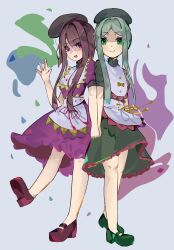 2girls absurdres apron brown_hair closed_mouth commentary dress green_dress green_eyes green_footwear green_hair hat highres holding_hands interlocked_fingers long_hair looking_at_viewer multiple_girls nishida_satono open_mouth pink_dress pink_eyes rakugakiman2222 shaded_face shoes short_hair_with_long_locks short_sleeves smile tate_eboshi teireida_mai touhou waist_apron