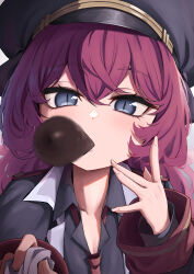 Rule 34 | 1girl, absurdres, black headwear, black shirt, blue archive, blue eyes, collared shirt, fingernails, food, hat, highres, iroha (blue archive), karadborg, long hair, looking at viewer, mouth hold, necktie, pocky, red hair, red necktie, shirt, slit pupils, upper body