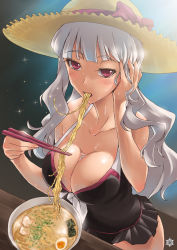 Rule 34 | 1girl, breasts, bust cup, chopsticks, cleavage, eating, egg, food, hat, idolmaster, idolmaster (classic), large breasts, long hair, looking at viewer, meet (105r), noodles, nori (seaweed), one-piece swimsuit, pink eyes, ramen, red eyes, shijou takane, silver hair, solo, sun hat, sweat, swimsuit, yamo (rephact)