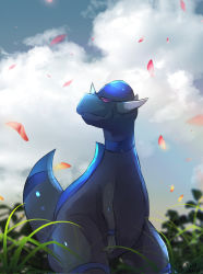 Rule 34 | animal focus, black eyes, blue sky, cloud, colored sclera, creatures (company), day, game freak, gen 4 pokemon, grass, highres, looking up, nintendo, no humans, outdoors, petals, pokemon, pokemon (creature), rampardos, red sclera, sax (sax e), sky, standing