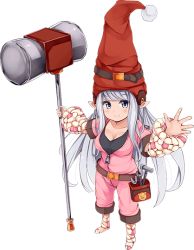 Rule 34 | 1girl, artist request, bad source, belt, belt pouch, blue eyes, breasts, full body, grey hair, hammer, holding, holding hammer, large breasts, long hair, monster musume no iru nichijou, monster musume no iru nichijou online, official art, pliers, pointy ears, pointy hat, pouch, red headwear, shortstack, solo, tierra (monster musume), tool belt, transparent background, very long hair, wrench