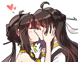 Rule 34 | 2girls, ahoge, ara haan, ara han, bare shoulders, black choker, black hair, blush, braid, brooch, choker, clenched hand, couple, elsword, closed eyes, eyeshadow, female focus, french braid, grabbing, hair ornament, hairpin, hand on another&#039;s face, hands up, heart, hua ge pi, japanese clothes, jewelry, kiss, long hair, looking at another, makeup, multiple girls, nail polish, pink nails, sakra devanam (elsword), surprised, upper body, yama raja (elsword), yellow eyes, yuri