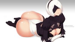 Rule 34 | 1girl, ass, back cutout, backless outfit, black thighhighs, blindfold, breasts, cleavage, clothing cutout, elbow gloves, full body, gloves, gradient background, hairband, highleg, highleg leotard, highres, huge ass, kainkout, leotard, lying, nier (series), nier:automata, puffy sleeves, short hair, simple background, solo, thick thighs, thighhighs, thighs, thong leotard, white hair, wide hips, 2b (nier:automata)