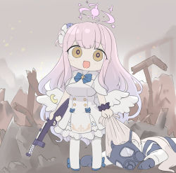 Rule 34 | 2girls, :d, angel wings, arius student (blue archive), blonde hair, blue archive, blue bow, bow, breasts, capelet, destruction, dress, feathered wings, gas mask, gloves, gun, hair bun, hair ribbon, halo, highres, holding, holding gun, holding weapon, lanchester smg, long hair, looking at viewer, low wings, lying, mask, mika (blue archive), multiple girls, open mouth, outdoors, pantyhose, pink hair, pulling another&#039;s hair, ribbon, sanshou kakeru, scrunchie, single hair bun, smile, standing, submachine gun, twitter, weapon, white capelet, white dress, white pantyhose, white wings, wings, wrist scrunchie, yellow eyes