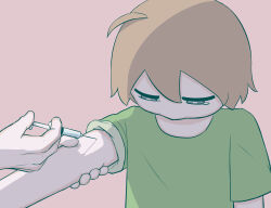 Rule 34 | 1boy, 1other, absurdres, ahoge, arm up, avogado6, blue eyes, closed mouth, green shirt, hair between eyes, half-closed eyes, hands up, highres, holding, holding syringe, light brown hair, looking down, original, pink background, shirt, short hair, short sleeves, simple background, solo focus, standing, syringe, t-shirt, tears