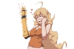 Rule 34 | 1girl, :d, ahoge, bare shoulders, blonde hair, blush, breasts, cleavage, commentary, dishwasher1910, drooling, hand on own face, heart, heart-shaped pupils, highres, long hair, mechanical arms, medium breasts, open mouth, orange shirt, purple eyes, rwby, sexually suggestive, shaking, shirt, simple background, single mechanical arm, smile, solo, symbol-shaped pupils, tank top, very long hair, wavy mouth, white background, yang xiao long