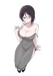 Rule 34 | 1girl, arm behind back, bang dream!, bare arms, bare shoulders, black footwear, black hair, blush, bracelet, breasts, cleavage, collarbone, covered navel, dress, from above, full body, grey dress, hair between eyes, hand up, highres, invisible chair, jewelry, large breasts, lifting own clothes, long bangs, long dress, looking at viewer, parted lips, ppora, purple eyes, shoes, short hair, side slit, simple background, sitting, sleeveless, sleeveless dress, solo, spaghetti strap, strap lift, strap slip, white background, yashio rui