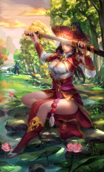 Rule 34 | 1boy, 1girl, black hair, boots, breasts, cleavage, cleavage cutout, clothing cutout, cloud, flower, glint, hat, highres, holding, holding sword, holding weapon, katana, lily pad, lotus, original, outdoors, pelvic curtain, polskash, pom pom (clothes), red footwear, red hat, sheath, sitting, solo focus, sword, tree, unsheathing, water, weapon