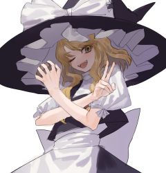 Rule 34 | 1girl, ;d, absurdres, apron, back bow, black hat, black skirt, black vest, blonde hair, blush, bow, hands up, hat, hat bow, highres, holding, kirisame marisa, large hat, looking at viewer, marimo tarou, mini-hakkero, one eye closed, open mouth, puffy short sleeves, puffy sleeves, shirt, short sleeves, sidelocks, simple background, skirt, skirt set, smile, solo, teeth, touhou, upper body, upper teeth only, v, vest, waist apron, white apron, white background, white bow, white shirt, witch hat, yellow eyes