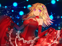 Rule 34 | 1girl, artist name, blonde hair, blurry, bokeh, breasts, choker, closed mouth, commentary request, criss-cross halter, depth of field, dress, elbow gloves, flower, formal, gloves, hair intakes, hair ornament, hair ribbon, halterneck, long dress, long hair, looking at viewer, medium breasts, messy hair, mitake eil, original, purple eyes, red choker, red dress, red flower, red gloves, red ribbon, red rose, ribbon, rose, signature, skirt hold, smile, solo, standing, star (symbol), star hair ornament, string of light bulbs