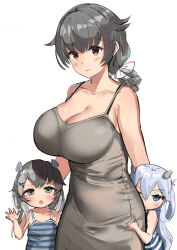 Rule 34 | 2girls, aged down, alternate costume, black hair, braid, breasts, chestnut mouth, cleavage, dress, grey dress, hair flaps, hiding, highres, i-201 (kancolle), i-203 (kancolle), jingei (kancolle), kantai collection, large breasts, long hair, low ponytail, multiple girls, osananajimi neko, peeking out, red eyes, simple background, single braid, spaghetti strap, striped tank top, sundress, tank top, waving, white background