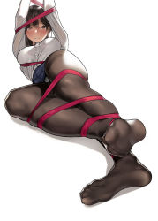 Rule 34 | 1girl, arms up, bad perspective, black pantyhose, blue skirt, blush, bound, breasts, brown eyes, brown hair, dress shirt, feet, large breasts, legs, long hair, looking at viewer, no shoes, original, panties, panties under pantyhose, pantyhose, pleated skirt, red ribbon, ribbon, shirt, simple background, skirt, soles, solo, thighband pantyhose, thighs, underwear, white background, white panties, yomu (sgt epper)