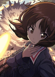 Rule 34 | 1girl, blue jacket, closed mouth, commentary, day, ehirorotoon, explosion, frown, girls und panzer, hand on own throat, highres, jacket, long sleeves, military uniform, nishizumi miho, ooarai military uniform, outdoors, projectile trail, solo, tank cupola, throat microphone, uniform, wind