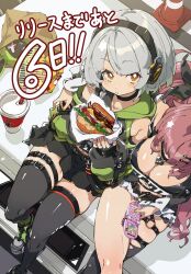 Rule 34 | 2girls, anby demara, belt, black thighhighs, breasts, burger, cellphone, chips (food), choker, cleavage, crossed legs, drink, food, grey hair, headphones, highres, mole, mole on breast, multiple girls, nicole demara, phone, pink hair, single thighhigh, sitting, thigh strap, thighhighs, thighs, torn clothes, torn thighhighs, traffic cone, ushiki yoshitaka, zenless zone zero