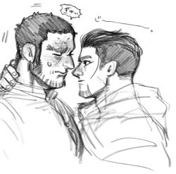Rule 34 | 2boys, bara, beard stubble, bursting pectorals, buzz cut, closed eyes, couple, eye contact, facial hair, from side, golden kamuy, graphite (medium), greyscale, hand on another&#039;s neck, highres, kasuke (li tgknk), looking at another, loose hair strand, male focus, mature male, monochrome, multiple boys, muscular, muscular male, ogata hyakunosuke, pectorals, profile, scared, short hair, sketch, stubble, sweatdrop, tanigaki genjirou, thick eyebrows, traditional media, translation request, very short hair, yaoi