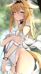 Rule 34 | 1girl, animal ears, arknights, arm grab, black hairband, blonde hair, blurry, blurry background, blush, braid, breasts, closed mouth, commentary request, depth of field, flower, hair intakes, hairband, hand up, highres, horn (arknights), kyuu (plastic night q), leotard, long hair, looking at viewer, medium breasts, puffy short sleeves, puffy sleeves, short sleeves, solo, sweat, tail, white flower, white leotard, yellow eyes
