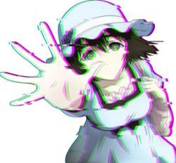 Rule 34 | 1girl, bag, breasts, brown hair, chromatic aberration, clothes, collarbone, dress, green eyes, handbag, hat, looking at viewer, lowres, outstretched hand, shiina mayuri, solo, steins;gate, transparent background