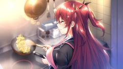 Rule 34 | 1girl, apron, azarashi soft, blurry, blurry background, blush, breasts, closed mouth, cooking, closed eyes, female focus, from above, frying pan, game cg, happy, highres, holding, indoors, kitchen, large breasts, light blush, long hair, nakatama kyou, ousaka ayane, red hair, school uniform, smile, solo, standing, stove, toshishita kanojo, twintails, two side up, upper body