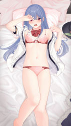 Rule 34 | 1girl, barefoot, black hat, blue hair, blush, bow, bra, breasts, commentary request, feet out of frame, food, frills, fruit, hat, highres, hinanawi tenshi, knees together feet apart, long hair, looking at viewer, lying, medium breasts, momoiro lettuce, navel, on back, open clothes, open mouth, open shirt, panties, pillow, pink bra, pink eyes, pink panties, shirt, short sleeves, solo, tears, thighs, touhou, underwear, unworn hat, unworn headwear, white shirt