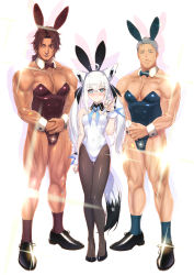 Rule 34 | 1girl, 2boys, abs, absurdres, ahoge, alternate costume, alternate hairstyle, animal ears, aqua nails, beard, belmond banderas, black footwear, black leotard, black neckwear, black pantyhose, blue eyes, blue leotard, blue neckwear, blue socks, blush, bow, bowtie, breasts, brown eyes, brown hair, brown pantyhose, closed mouth, covered navel, crossdressing, crossover, detached collar, dress shoes, embarrassed, facial hair, fake animal ears, fox ears, fox shadow puppet, fox tail, full body, glint, gluteal fold, grey eyes, grey hair, hair between eyes, hair ribbon, high heels, highres, hololive, leotard, looking at viewer, maimoto keisuke, male playboy bunny, manly, medium breasts, multiple boys, muscular, nail polish, neck ribbon, nijisanji, oshiruko (oshiruco 212048), own hands together, pantyhose, parted bangs, playboy bunny, rabbit ears, ribbon, shirakami fubuki, shoes, short hair, simple background, sleeveless, smile, socks, standing, stubble, tail, thigh gap, twintails, virtual youtuber, wavy mouth, white background, white hair, white leotard, wing collar, wrist cuffs