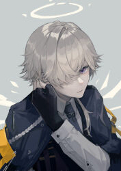 Rule 34 | 1boy, absurdres, arknights, black capelet, black necktie, capelet, closed mouth, collared shirt, enforcer (arknights), fingernails, grey background, grey hair, hair over one eye, halo, highres, long sleeves, looking at viewer, male focus, miike (992058), necktie, purple eyes, purple vest, shirt, simple background, solo, upper body, vest, white shirt