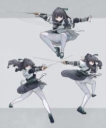 Rule 34 | 1girl, absurdres, black hair, black skirt, brown eyes, chinese clothes, closed mouth, commentary, floating hair, green footwear, grey background, highres, holding, holding sword, holding weapon, layered sleeves, long hair, long sleeves, multiple views, obi, original, pantyhose, sash, shoe soles, shoes, short over long sleeves, short sleeves, sidelocks, skirt, speed lines, sword, two-tone background, v-shaped eyebrows, weapon, white pantyhose, white ph
