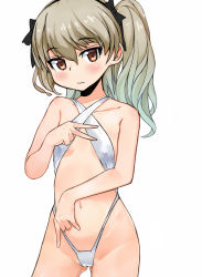 Rule 34 | 1girl, black ribbon, blush, brown eyes, closed mouth, commentary, cowboy shot, flat chest, frown, gesture, girls und panzer, gluteal fold, hair ribbon, highres, light brown hair, long hair, looking at viewer, monomono, navel, one side up, pointing, pointing down, ribbon, shimada arisu, simple background, slingshot swimsuit, solo, standing, swimsuit, v, white background