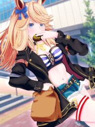 Rule 34 | 1girl, animal ears, bag, bandeau, black choker, black jacket, blonde hair, blue bow, blue eyes, bow, choker, commentary request, cowboy shot, cutoffs, gold city (umamusume), hair bow, holding, holding bag, horse ears, jacket, long hair, long sleeves, midriff, navel, neomeka, open clothes, open jacket, outdoors, paper bag, solo, standing, stomach, strapless, striped bandeau, thigh strap, thighs, tube top, umamusume