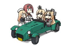 Rule 34 | 4girls, ark royal (kancolle), black neckerchief, blonde hair, blue eyes, blue sailor collar, blunt bangs, bob cut, braid, car, caterham, caterham 7, cleavage cutout, clothing cutout, commentary request, crossed arms, crown, dress, flower, french braid, full body, gloves, grey eyes, hairband, hamu koutarou, hat, headgear, highres, jervis (kancolle), kantai collection, long hair, long sleeves, military, military uniform, mini crown, motor vehicle, multiple girls, neckerchief, nelson (kancolle), off-shoulder dress, off shoulder, red flower, red hair, red ribbon, red rose, ribbon, riding, rose, sailor collar, sailor dress, sailor hat, short hair, short sleeves, simple background, sunglasses, tiara, uniform, vehicle focus, warspite (kancolle), white background, white dress, white gloves, white hat