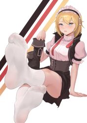 Rule 34 | 1girl, absurdres, arm support, black hairband, black skirt, blonde hair, blue eyes, blush, boots, bowtie, braid, braided bangs, breasts, commentary, commission, crossed legs, english commentary, eyelashes, feet, foot focus, foreshortening, frilled hairband, frilled sleeves, frills, g36 (girls&#039; frontline), ghhoward, girls&#039; frontline, hair between eyes, hairband, hand up, high-waist skirt, highres, holding, legs, looking at viewer, maid headdress, medium breasts, medium hair, miniskirt, no shoes, open mouth, pixiv commission, pleated skirt, puffy short sleeves, puffy sleeves, shirt, short sleeves, sitting, skirt, soles, solo, swept bangs, toes, undone bowtie, unworn boots, white background, white shirt