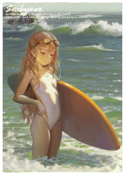 Rule 34 | 1girl, alphonse (white datura), bare arms, bare shoulders, border, breasts, brown eyes, brown hair, closed mouth, competition swimsuit, day, english text, goggles, goggles on head, highres, long hair, looking down, ocean, one-piece swimsuit, original, small breasts, smile, solo, sunlight, surfboard, swimsuit, thighs, very long hair, wading, water, waves, white border, white one-piece swimsuit