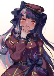 Rule 34 | 1girl, :d, absurdres, belt, black bow, black bowtie, black hair, blunt bangs, blush, bow, bowtie, breasts, bright pupils, covering own mouth, dress, flat cap, gold trim, hair bow, hand over own mouth, hat, head tilt, highres, juliet sleeves, long hair, long sleeves, looking at viewer, medium breasts, military, military uniform, multicolored hair, nijisanji, open mouth, puffy sleeves, red dress, red eyes, red hat, simple background, smile, solo, split-color hair, streaked hair, two side up, uniform, upper body, very long hair, virtual youtuber, white background, white pupils, yorumi rena, yorumi rena (2nd costume), yumesaki nana
