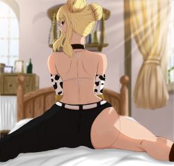 Rule 34 | 1girl, absurdres, ass, back, bare back, bed, bedroom, blonde hair, bottle, curtains, curvy, double bun, fairy tail, hair bun, highres, looking at viewer, looking back, lucy heartfilia, on bed, shishiou11, sitting, solo, spread legs, tagme, thick thighs, thighs, turning head, wide hips, wine bottle