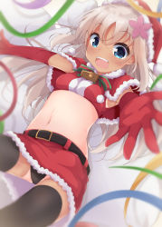 Rule 34 | 1girl, alternate costume, belt, black panties, black thighhighs, blonde hair, blue eyes, blurry, blurry foreground, blush, breasts, capelet, christmas, commentary request, crop top, depth of field, elbow gloves, flower, fur trim, gift, gloves, gluteal fold, hair flower, hair ornament, hat, highres, kantai collection, long hair, looking at viewer, midriff, navel, one-piece tan, open mouth, outstretched arm, outstretched arms, outstretched hand, panties, red gloves, ro-500 (kancolle), sack, santa costume, santa hat, skirt, smile, solar milk, solo, tan, tanline, thighhighs, underwear