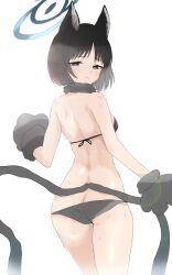 Rule 34 | 1girl, absurdres, animal ears, animal hands, ass, black eyes, black gloves, black hair, blue archive, blush, butt crack, cat ears, cat paws, cat tail, closed mouth, cowboy shot, from behind, gloves, highres, kenzenchan18, kikyou (blue archive), multiple tails, paw gloves, short hair, simple background, sketch, solo, tail, two tails, white background