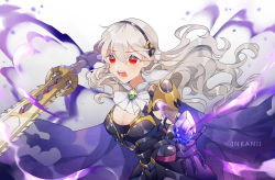 Rule 34 | 1girl, armor, artist name, black armor, black hairband, breasts, cape, cleavage, corrin (female) (fire emblem), corrin (fire emblem), fire emblem, fire emblem fates, hairband, highres, holding, holding sword, holding weapon, inkanii, large breasts, long hair, nintendo, open mouth, pointy ears, red eyes, simple background, slit pupils, solo, stone, sword, torn cape, torn clothes, weapon, white hair, yato (fire emblem)